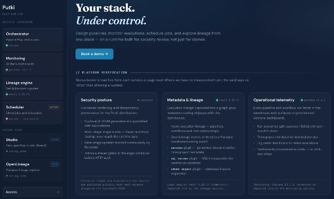 demo.putki.io — live platform hub showing security posture, metadata and lineage, and operational telemetry