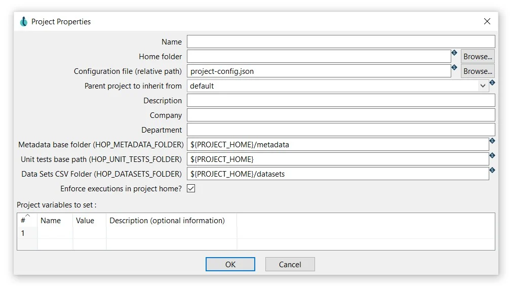 project dialog in Apache Hop's Hop GUI