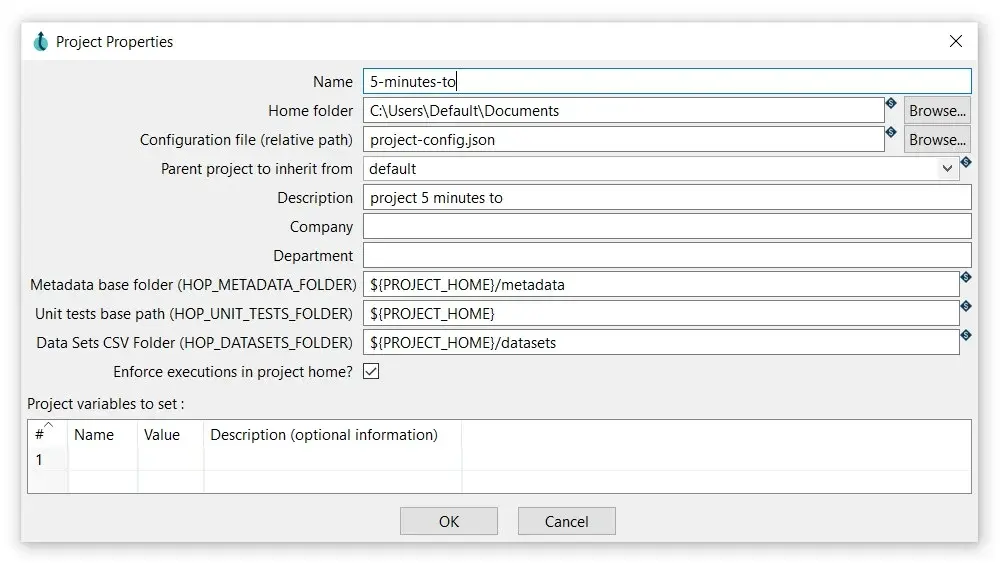 creating a new project in Apache Hop's Hop GUI