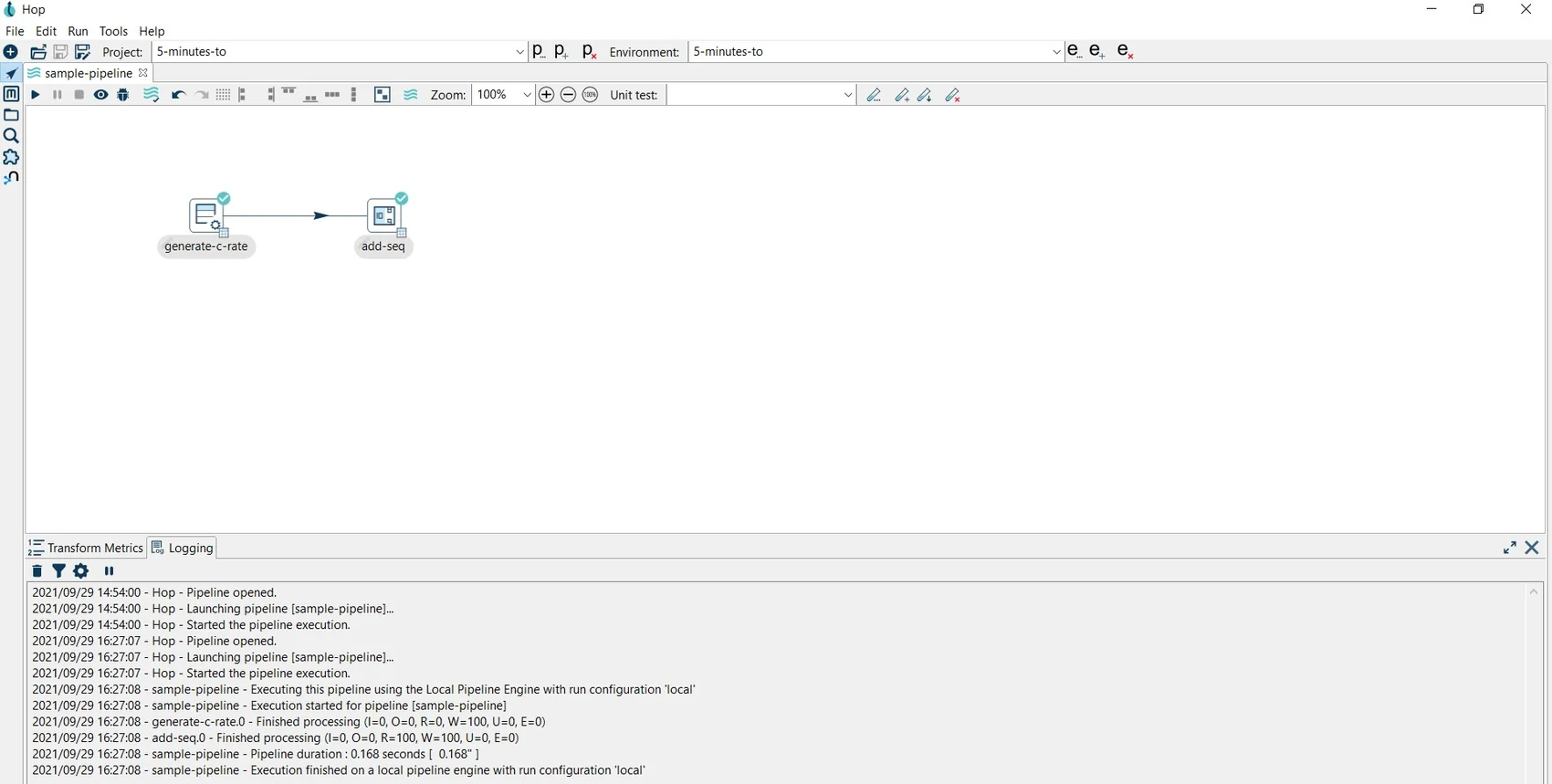 successful pipeline run in Apache Hop's Hop GUI