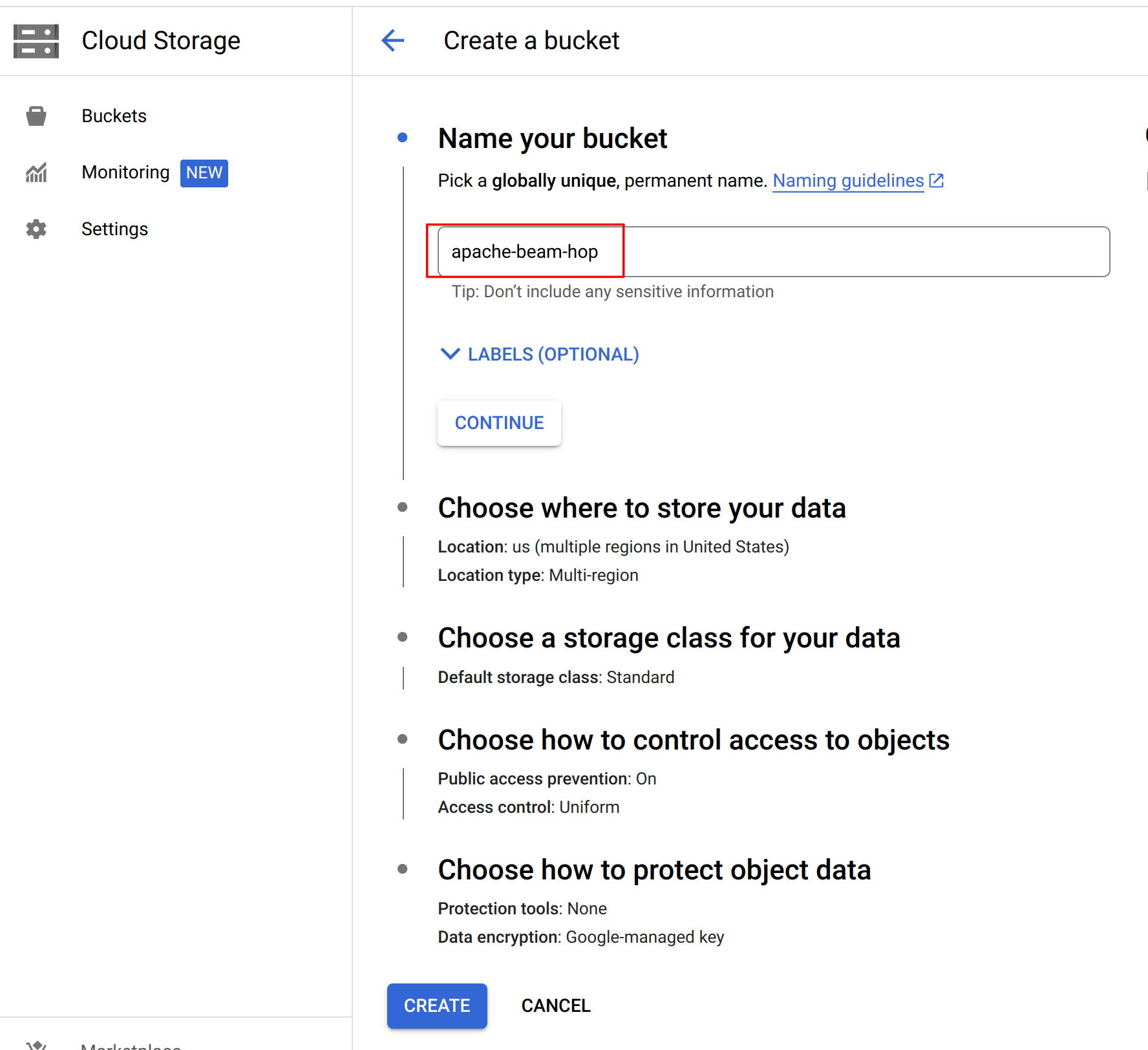 create a Google Cloud Storage bucket