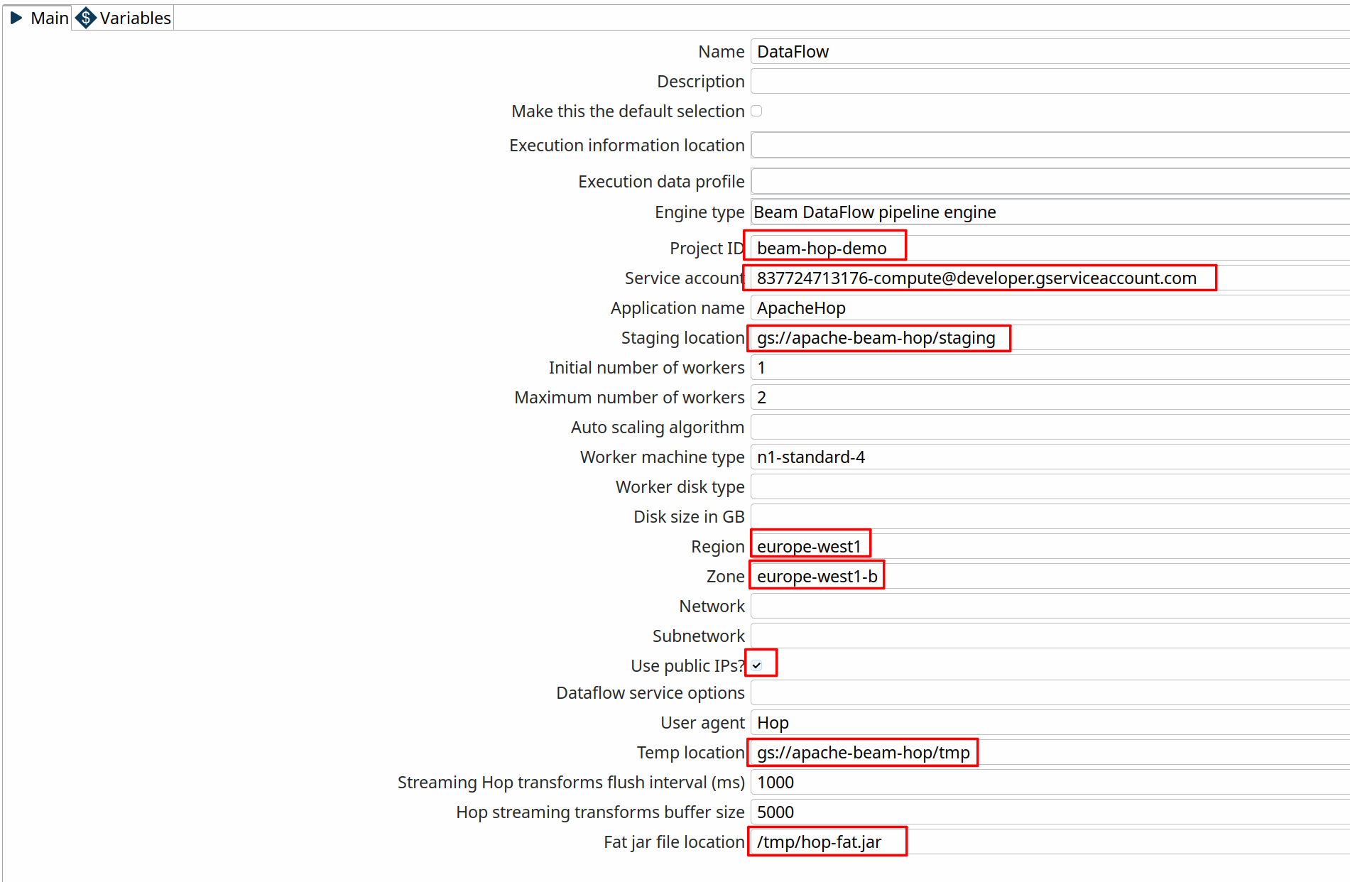 configure DataFlow pipeline run configuration