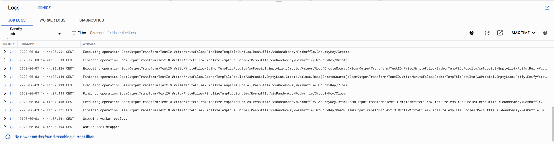 Dataflow logs for Apache Hop pipeline