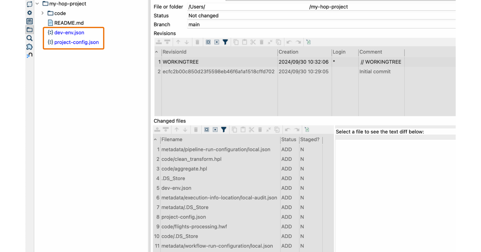 Apache Hop File Explorer Perspective staged files